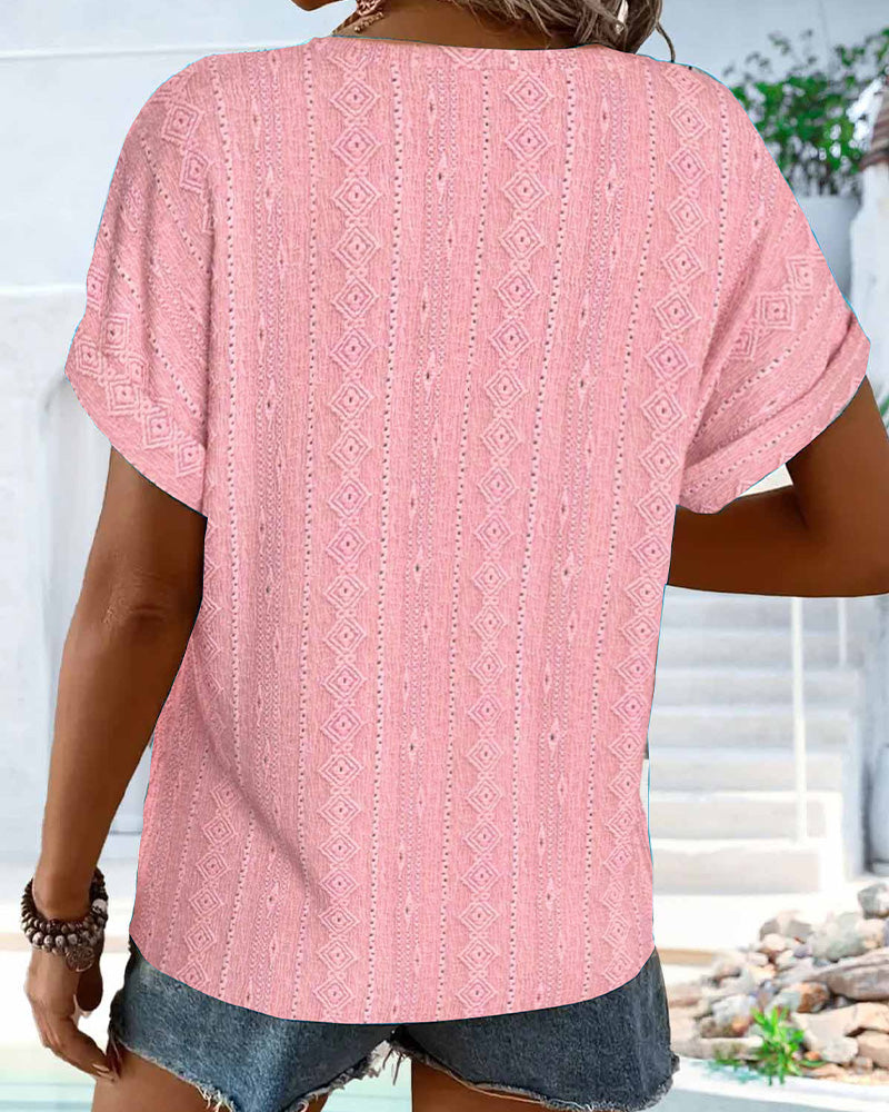 T-shirt Col V Uni Décontracté Manches Courtes