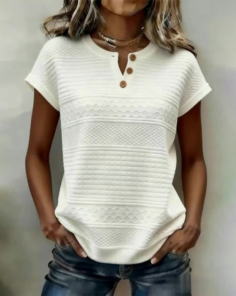 T-Shirt Manches Courtes À Col En V Boutonné Avec Motif Câblé