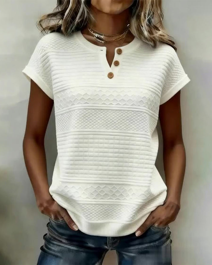 T-Shirt Manches Courtes À Col En V Boutonné Avec Motif Câblé