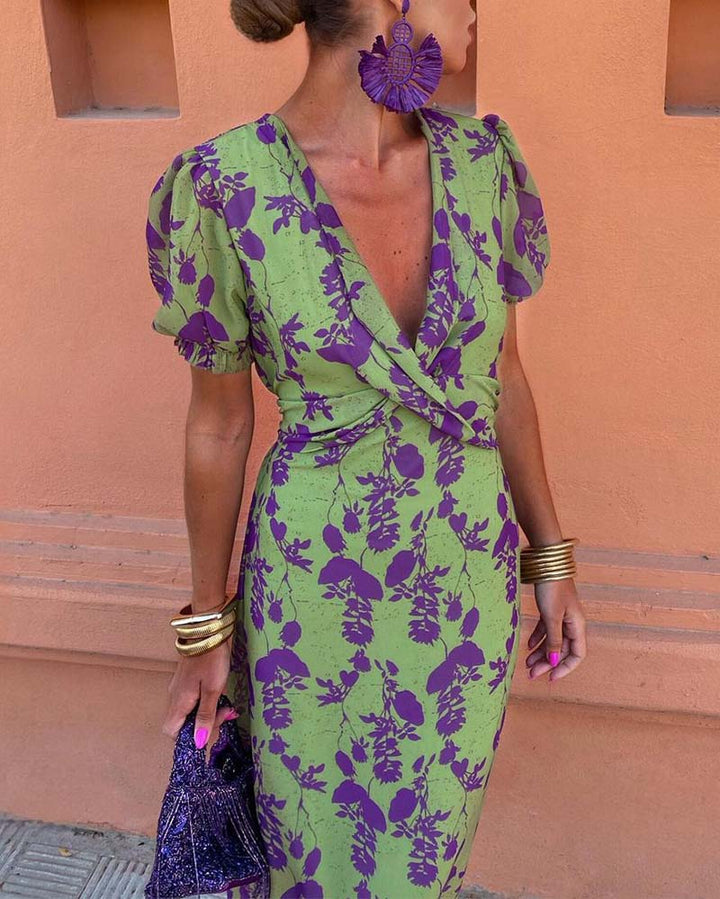 Robe midi imprimé floral à col V
