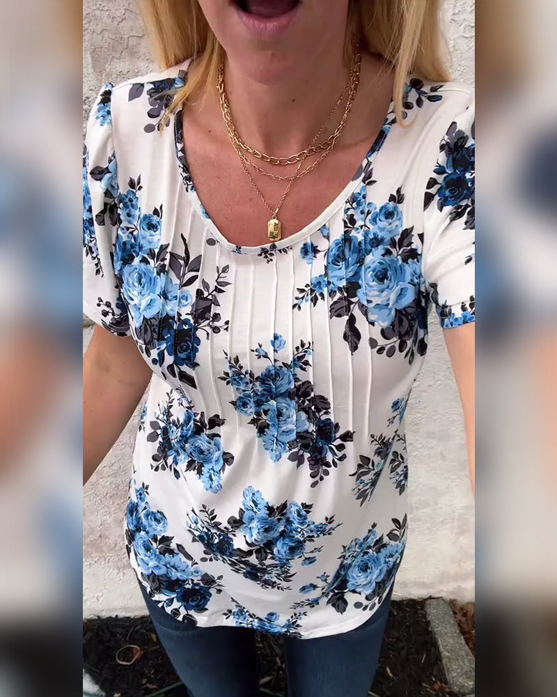 T-Shirt À Col Rond Imprimé Floral Plissé