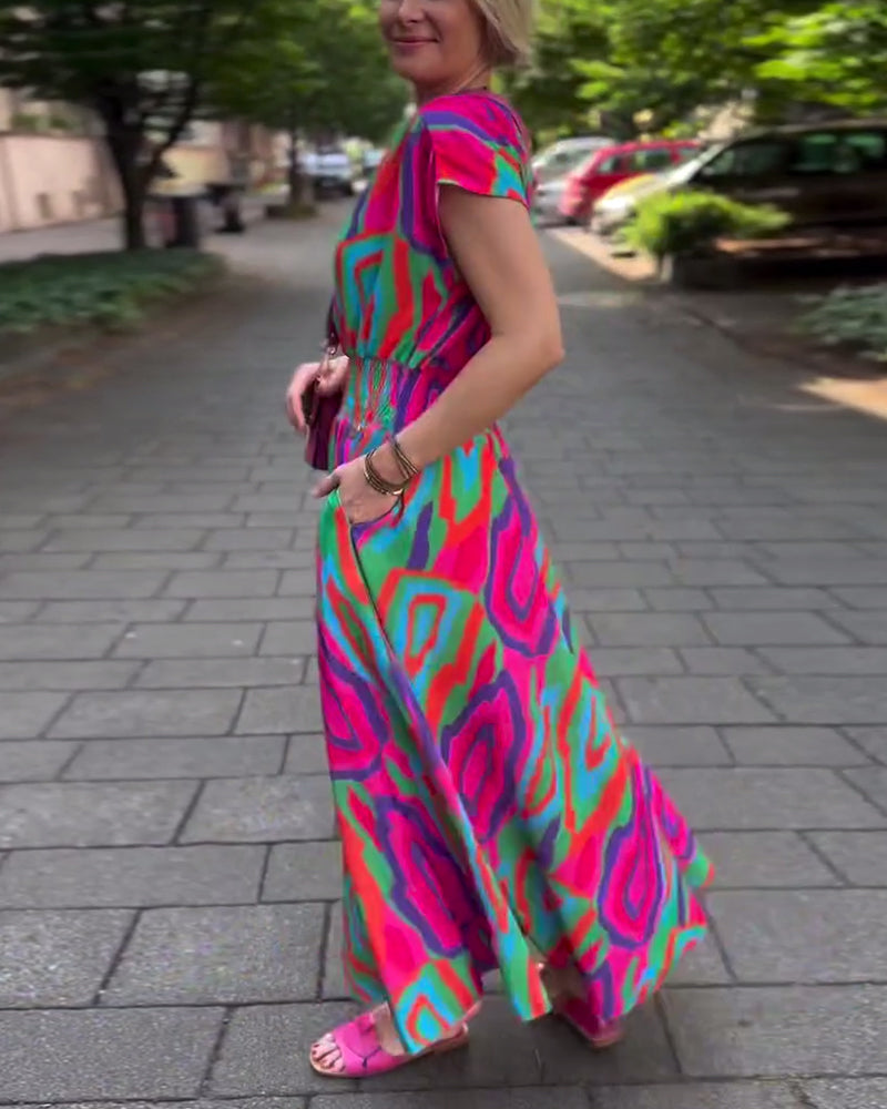 Robe longue col V imprimé coloré manches raglan