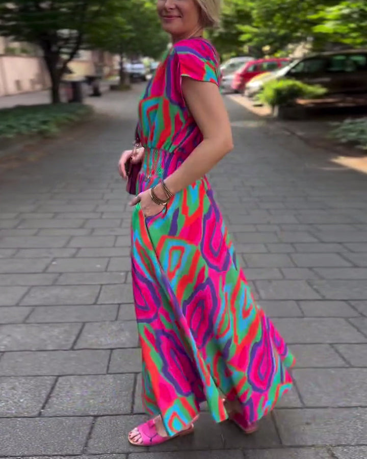Robe longue col V imprimé coloré manches raglan