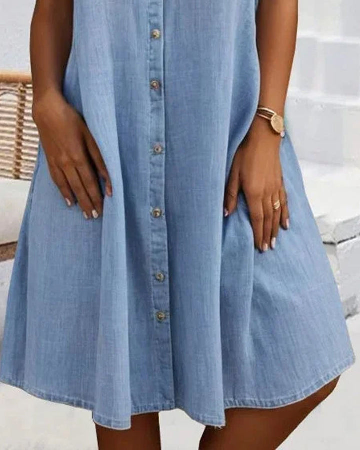 Robe Manches Courtes Col Solide Bouton