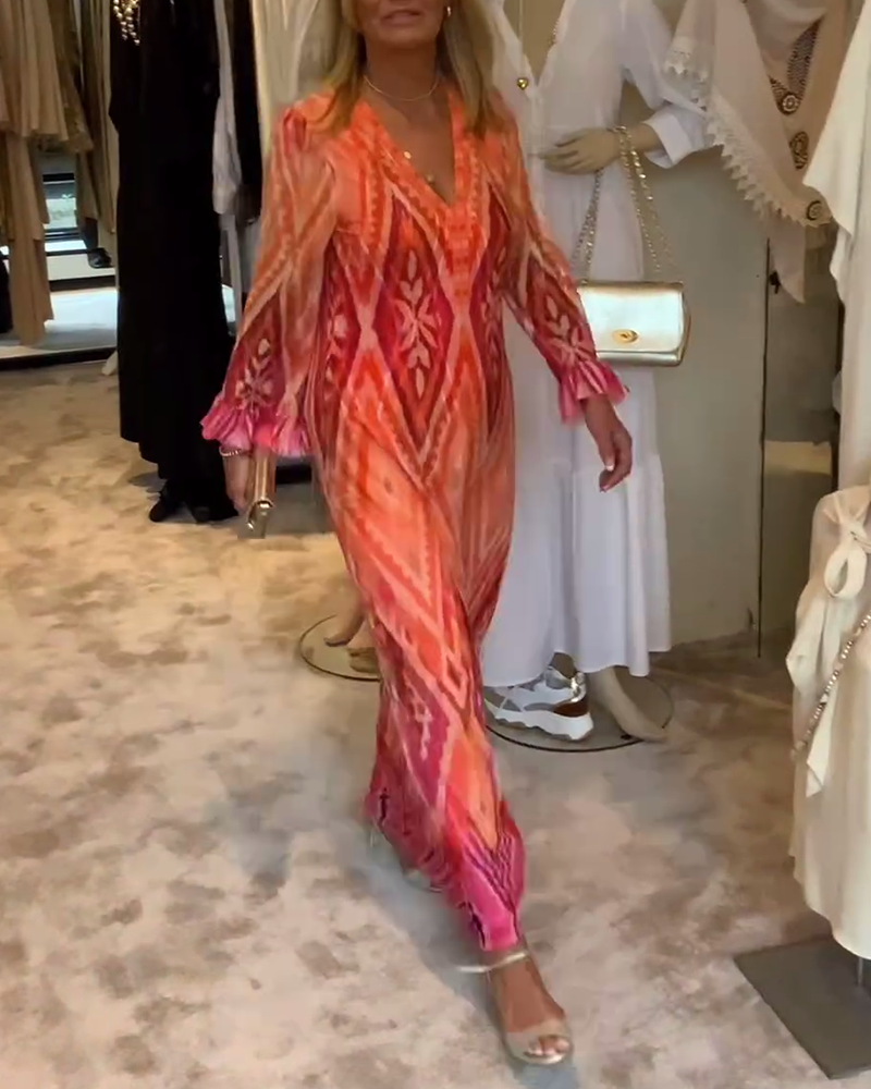 Robe à manches longues en V profond à imprimé géométrique rétro