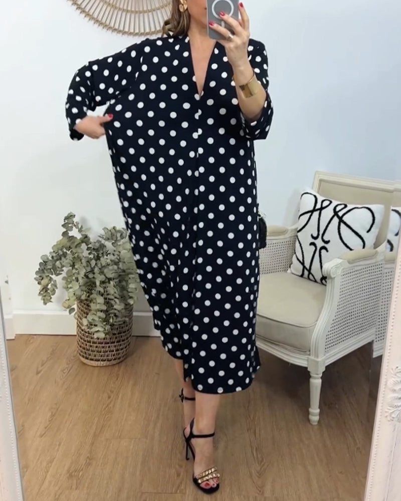 Robe à col V, coupe ample et à pois