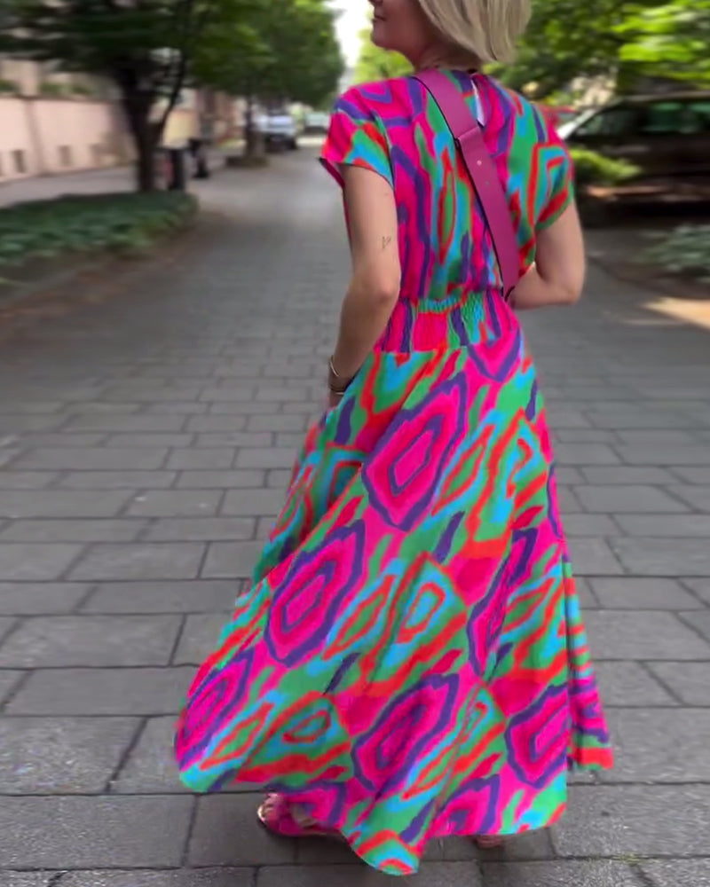 Robe longue col V imprimé coloré manches raglan