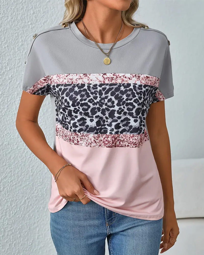 T-Shirt Col Rond Imprimé Léopard Bloc De Couleur