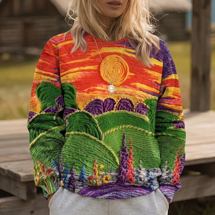 Ravella | Pull coupe ample à imprimé paysage soleil