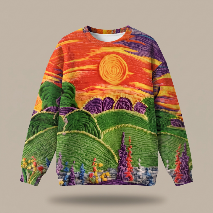 Ravella | Pull coupe ample à imprimé paysage soleil