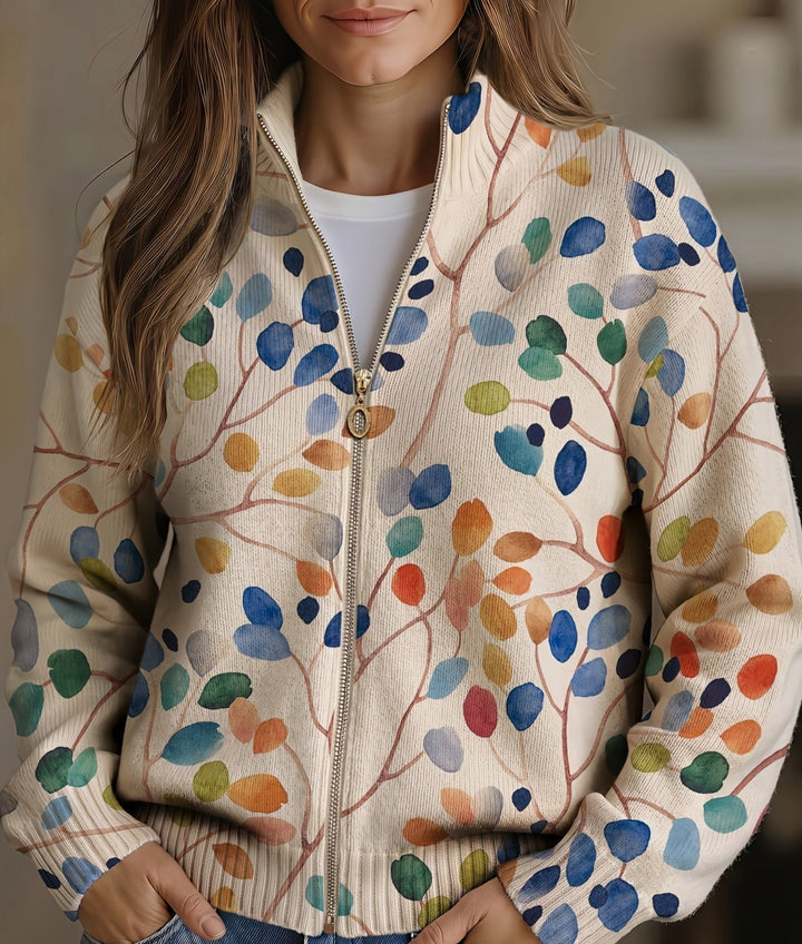 Imogene | Cardigan Zippé Imprimé Feuilles Botaniques