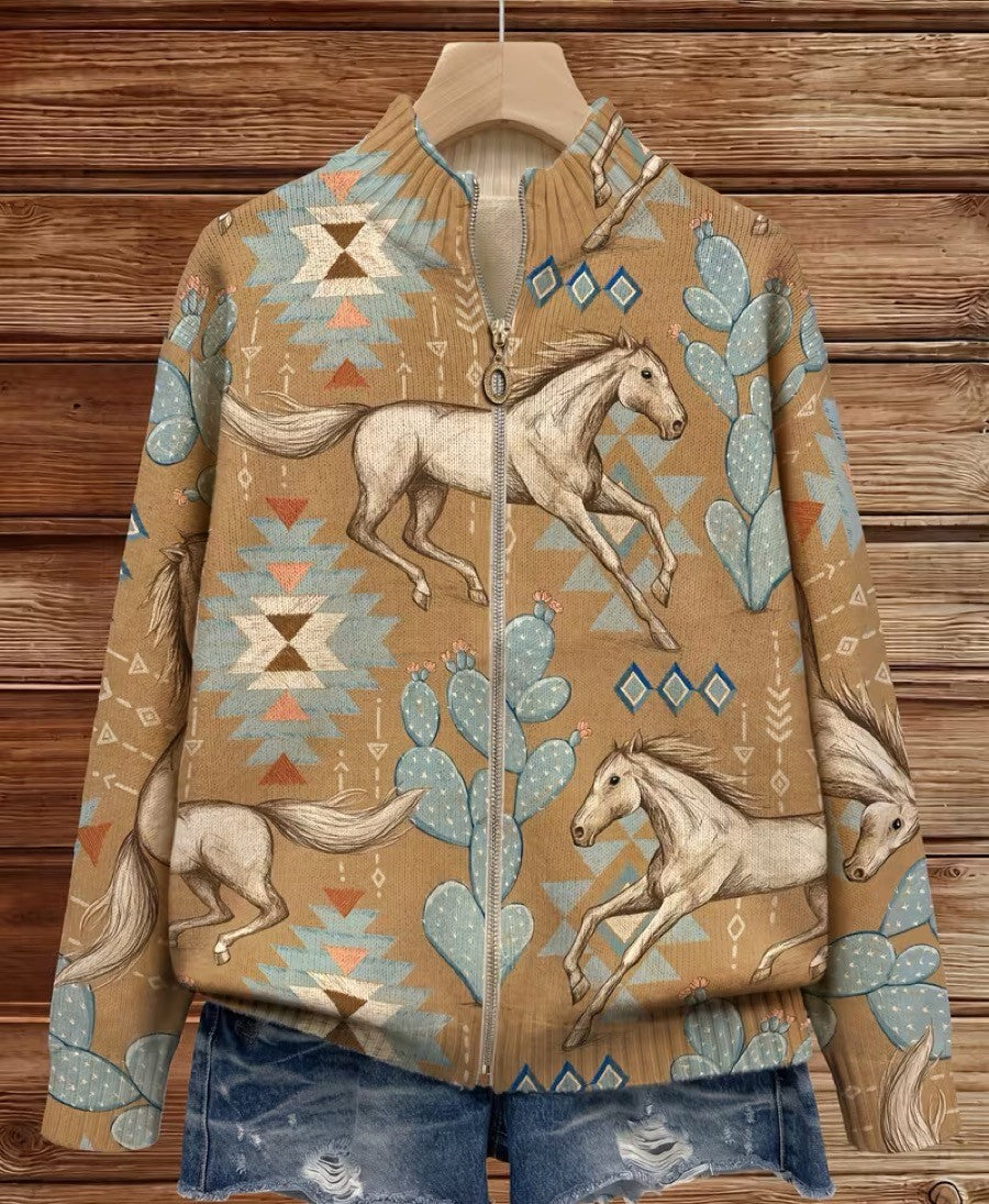 Perpetua | Cardigan Zippé Chevaux et Cactus du Désert